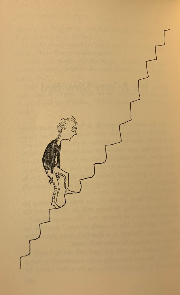 Internal black and white illustration of Milo walking up the stairs from The Phantom Tollbooth
